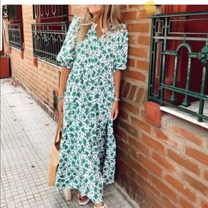 ZARA OYSTER WHITE GREEN FLORAL PRINT DRESS MAXI